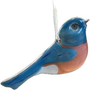 Wayne Village Pottery Bluebird Hanging Ornament  Blue Brown Maine Clay 5"x3"